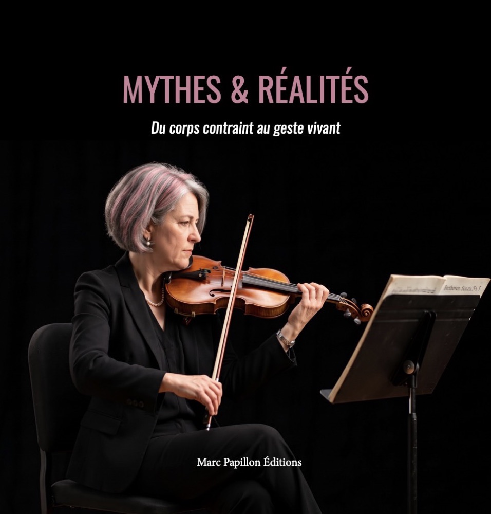 Couverture de Mythes & réalités : une violoniste en concert, assise devant son pupitre. Cliquer pour voir la couverture complète, 4e de couverture comprise.