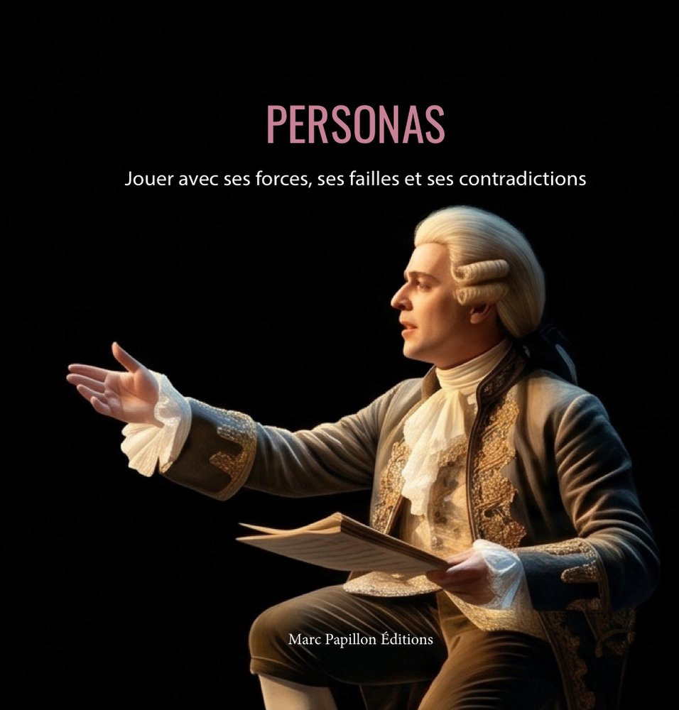 Couverture de Personas : un chanteur d’opéra en costume du XVIIIe siècle et perruque poudrée, la main tendue vers la salle, sa partition à la main. Cliquer pour voir la couverture complète, 4e de couverture comprise.