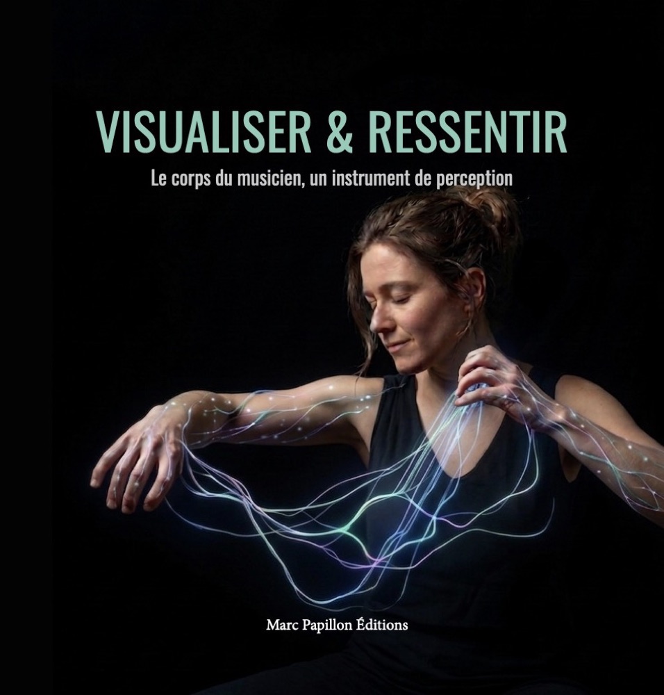 Couverture de Visualiser & ressentir : une musicienne entourée de fils de lumière. Cliquer pour voir la couverture complète, 4e de couverture comprise.