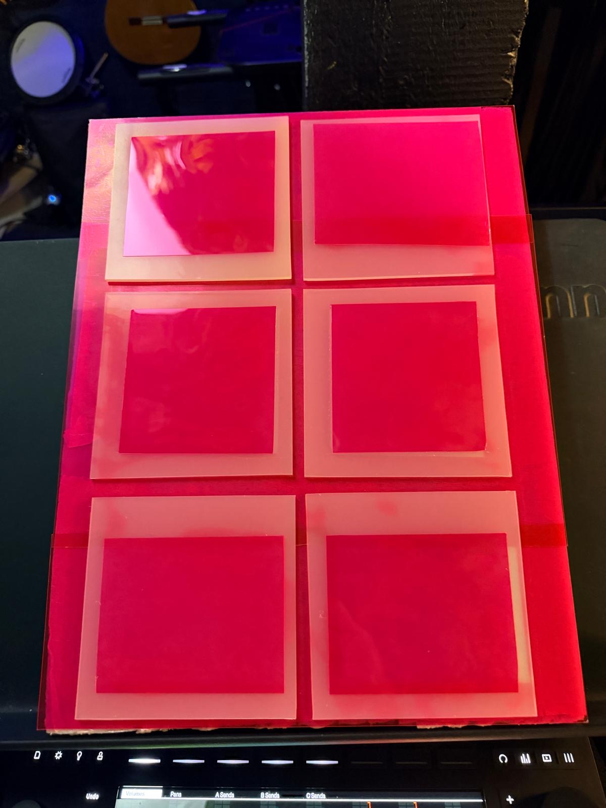 Prototype de surface de jeu : six pads translucides sur un panneau rose.